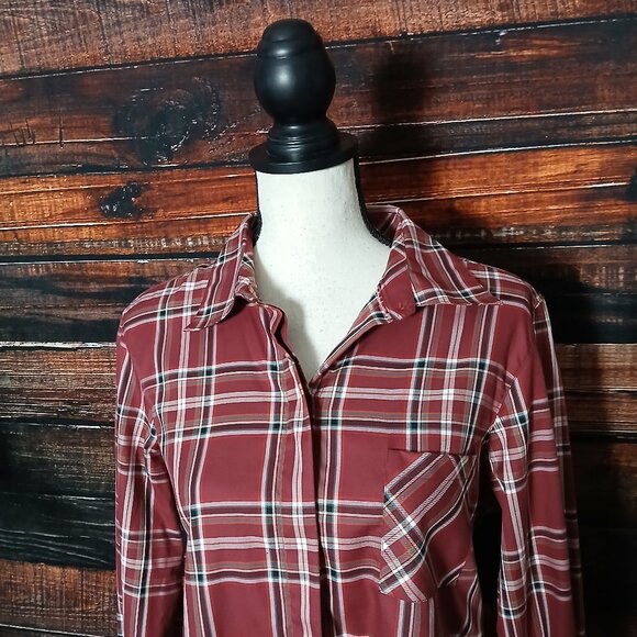 Orvis Top Size 14 Burgundy Plaid Cotton Button Front Shirt - Picture 3 of 9